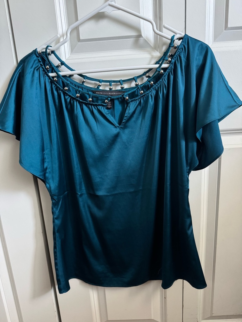 White House Black Market Teal Satin Short Sleeve Top with Beaded Neckline